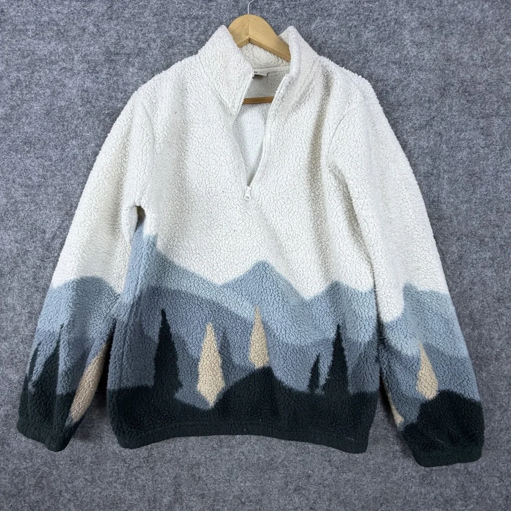 Hoodies Fleece Sherpa Jacket Mens Medium Blue Ivory Mountain Graphic 1/4 Zip
